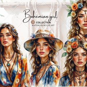 Boho Girl Clipart Aquarell, digitaler Download, Boho Grafiken, Mode Clipart, Boho Lady Illustrationen, kommerzielle Nutzung, 14 PNG