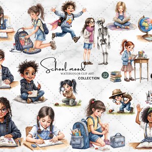 School Mood Clipart Bundle – Cute Back to School PNG Set with Notebooks, Pencils, Backpacks, Apples & Happy Students – Watercolor Education