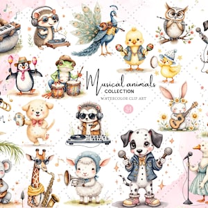 Clipart di animali musicali - Simpatici animali musicisti ad acquerello, pacchetto PNG per feste musicali per decorazioni per bambini, progetti di asilo nido e artigianato