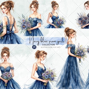 Navy Blue Evening Dress Clipart – Elegant Fashion Girls in Formal Gowns, Watercolor Party Women, Midnight Blue Dress PNG, Digital Download