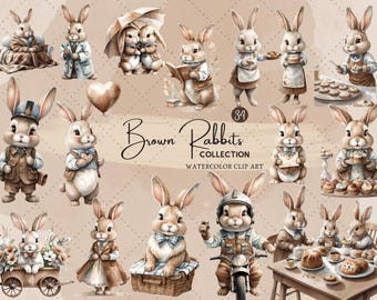 Watercolor Bunny Clipart, Adorable Brown Rabbits, Spring Easter Graphics, Cute Baby Bunnies, Bunny Shower PNG 34 PNG