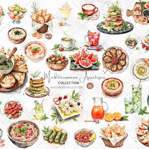 May include: A watercolour illustration showcasing a collection of Mediterranean appetizers. The image includes hummus, olives, pita bread, and fresh fruit. The text "Mediterranean Appetizers Collection" is displayed in the center of the image.
