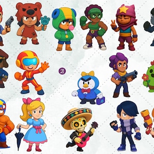 Cute Battle Game Characters Clipart – Colorful Chibi Fighters PNG Set with Gadgets, Weapons & Emotes – Digital Gaming Art for Kids Party