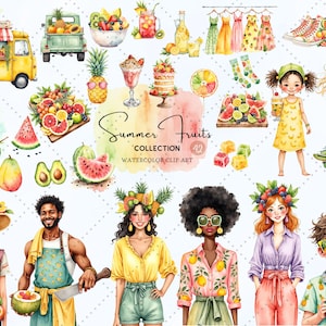 Summer Fruits Clipart Bundle Juicy Watercolor PNG Set with Watermelon Pineapple Citrus Cherries Fresh Fruit Illustrations for Stickers