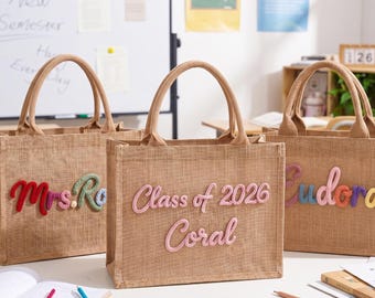 Borsa tote personalizzata all'uncinetto con nome per insegnanti, borsa tote in iuta personalizzata, regalo per insegnanti per il ritorno a scuola, borsa tote per insegnanti, apprezzamento per gli insegnanti, ritorno a scuola