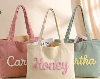 Personalized Corduroy Tote Bag, Custom Name Shoulder Bag, Bridesmaid Gift for Her, Bridal shower gifts, Wedding party favors, birthday gift