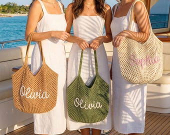 Gepersonaliseerde gehaakte strandtassen, aangepast cadeau bruidsmeisje, vrijgezellenfeest strandtas, huwelijksgunst, cadeau voor haar, cadeauzakje afstuderen