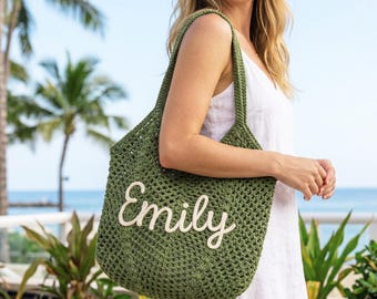 Personalized Crochet Beach Tote Bag, Custom Name Bridesmaid Gift, Bachelorette Beach Bag, Wedding Favor, Gift for Her, Graduation gift