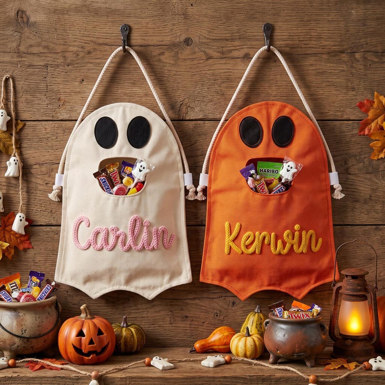 Puede incluir: Dos tapices de tela con forma de fantasma y asas de cuerda, uno color crema con el texto rosa Carlin y otro naranja con el texto amarillo Kerwin. Cada fantasma tiene ojos de fieltro negro y una boca abierta llena de dulces variados.