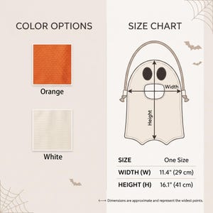 Puede incluir: Un bolso con forma de fantasma y asa de cuerda, con dos ojos ovalados oscuros y una boca. El gr&aacute;fico muestra opciones de color en naranja y blanco, con una tabla de tallas que indica un ancho de 29 cm y una altura de 41 cm para el art&iacute;culo.