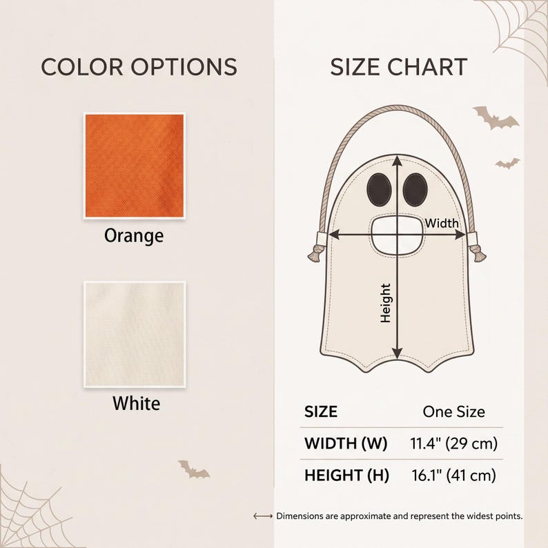 Puede incluir: Un bolso con forma de fantasma y asa de cuerda, con dos ojos ovalados oscuros y una boca. El gr&aacute;fico muestra opciones de color en naranja y blanco, con una tabla de tallas que indica un ancho de 29 cm y una altura de 41 cm para el art&iacute;culo.