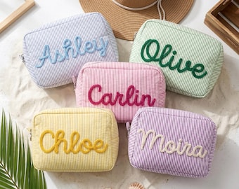 Personalized Bridesmaid Makeup Bag,Custom Seersucker Makeup Bag,Name Travel Pouch,Bridesmaid Gift,Gift for her,Bachelorette Party Favor