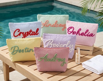 Personalized Seersucker Makeup Bag for Women,Custom Chenille Name Cosmetic Pouch,Travel Toiletry Bag,Summer Beach Bag,Gift for Her