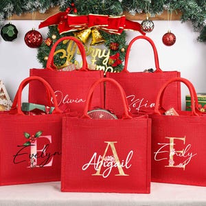 Bolsa de regalo de Navidad personalizada, bolsas de regalo de arpillera con nombre personalizado, bolsas para fiestas de Navidad, sacos de Navidad, regalos para fiestas navideñas, regalos de Nochebuena.