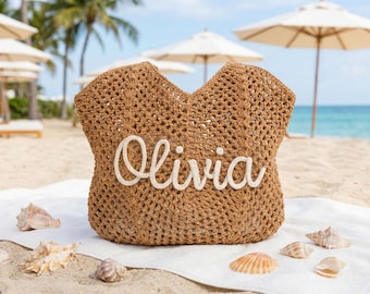 Bolso de playa de ganchillo con nombre personalizado, bolso de vacaciones de verano personalizado, bolsos estilo boho