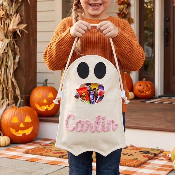Personalized Ghost Trick or Treat Bag, Custom Name Halloween Candy Tote, Kids Ghost Tote, Halloween Gift for Kids