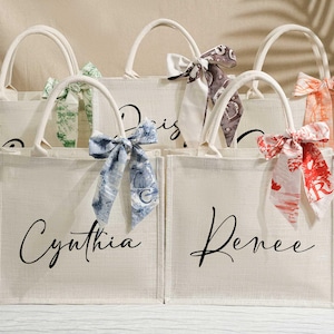 Custom Bridesmaid Gift bag,Personalized Burlap Tote Bag,Custom Jute Bag with Scarf,Beach Bag With Name Scarf,Bachelorette Party Bag,Gift bag