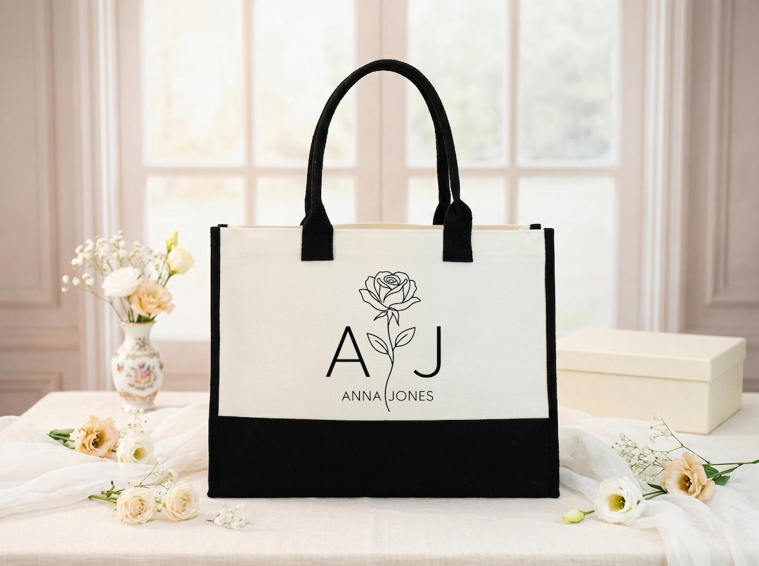 Personalized Wedding Tote Bag, Floral Initial Couple Gift, Bridal ...