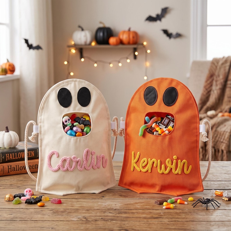 Puede incluir: Dos bolsas de tela para dulces con forma de fantasma y asas de cuerda. La bolsa izquierda es de color crema con el nombre Carlin en hilo rosa. La bolsa derecha es naranja con el nombre Kerwin en hilo amarillo. Ambas tienen ojos ovalados negros y una abertura central llena de caramelos.