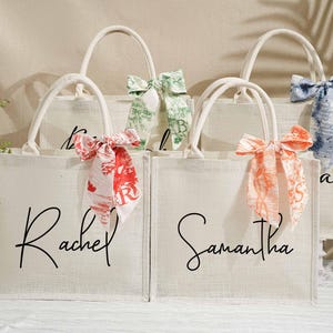 Personalized Burlap Tote Bag,Custom Bridesmaid Gift bag,Custom Jute Bag with Scarf,Beach Bag With Name Scarf,Bachelorette Party Bag,Gift bag