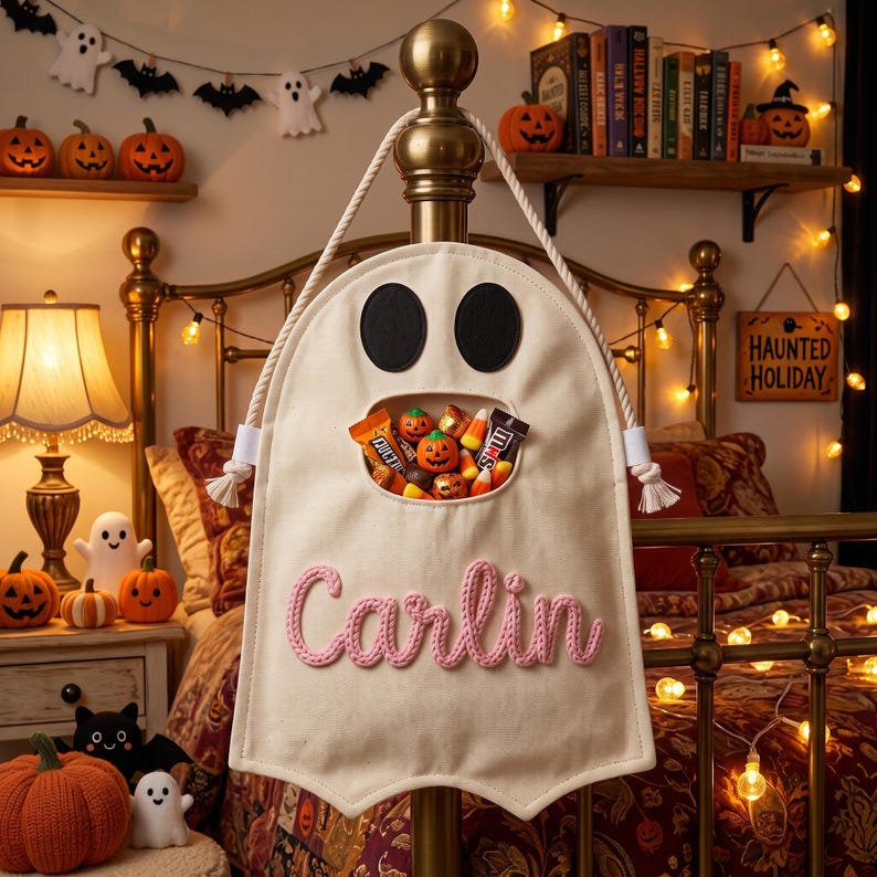 Puede incluir: Un colgante de pared de lona color crema con forma de fantasma que presenta una boca recortada llena de dulces de Halloween. El fantasma tiene dos ojos ovalados negros y el nombre Carlin bordado en hilo rosa en la parte delantera. Cuelga de una cuerda.