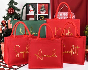Gepersonaliseerde kerstcadeauzakje, jute cadeauzakjes met aangepaste naam, kerstfeesttassen, kerstzakjes, gunsten vakantie, kerstavondcadeaus, kerstcadeaus