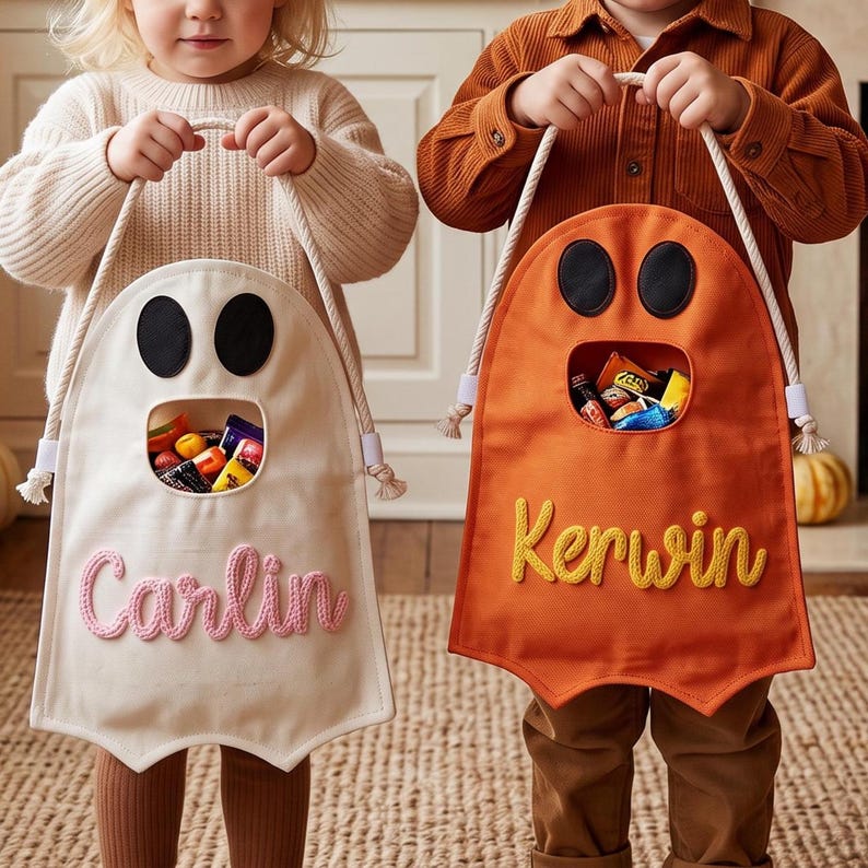 Puede incluir: Dos bolsas de dulces con forma de fantasma y asas de cuerda. La bolsa izquierda es crema con el nombre Carlin en rosa. La bolsa derecha es naranja con el nombre Kerwin en amarillo. Ambas tienen ojos ovalados negros y una boca abierta.