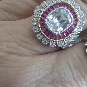 Antique Art Deco Style Cushion Cut Moissanite & Ruby Ring, 14k White Gold Finish Halo Birthday/Anniversary Gift Ring For Women's