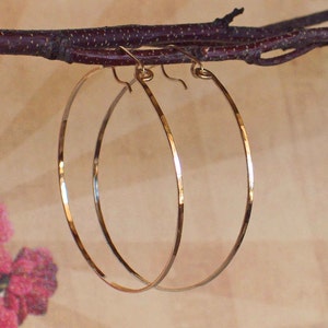 Gold Reflection Hoop Earrings, Prism Hoops, Flat Front Hammered Earrings, 14K Yellow Gold Filled Wire, High Fashion Hoops, Blue Wave Jewelry