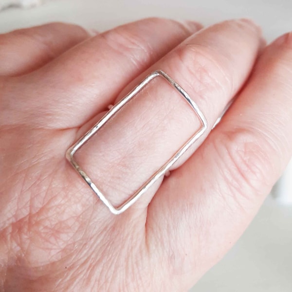 Large Open Rectangular Square Ring, Silver Hammered Ring, Rectangle Ring, Statement Ring, Geometric Jewelry, Geometric Ring, Blue Wave Ring