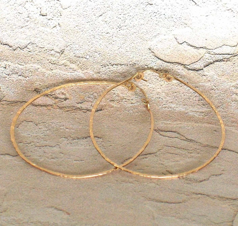 Big Round Gold Hammered Hoop Earrings, 14k Gold Statement Earrings, 2 1/2 Inch Textured Wire Hoop Earrings, Rose Gold Filled Sterling Silver image 3