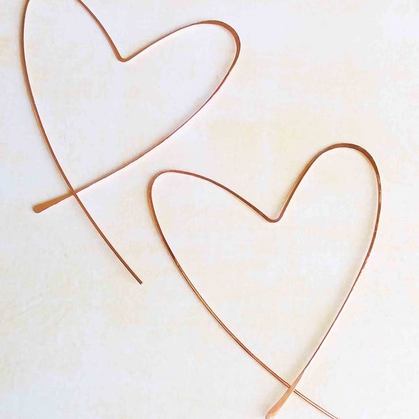 Heart Hoop Threader Earrings, Metal Heart Earrings, Rose Gold Threaders, Hammered Hoops, Modern Hoops, Lightweight Wire Threader Earrings