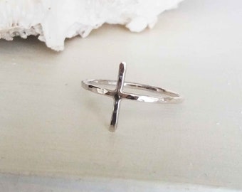 Small Silver Cross Ring, Gold Cross Ring, Hammered Cross Ring, Christian Jewelry, Christian Rings, Stacking Rings, Dainty Ring, Blue Wave