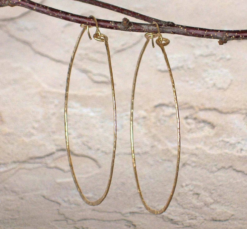 Big Round Gold Hammered Hoop Earrings, 14k Gold Statement Earrings, 2 1/2 Inch Textured Wire Hoop Earrings, Rose Gold Filled Sterling Silver image 5