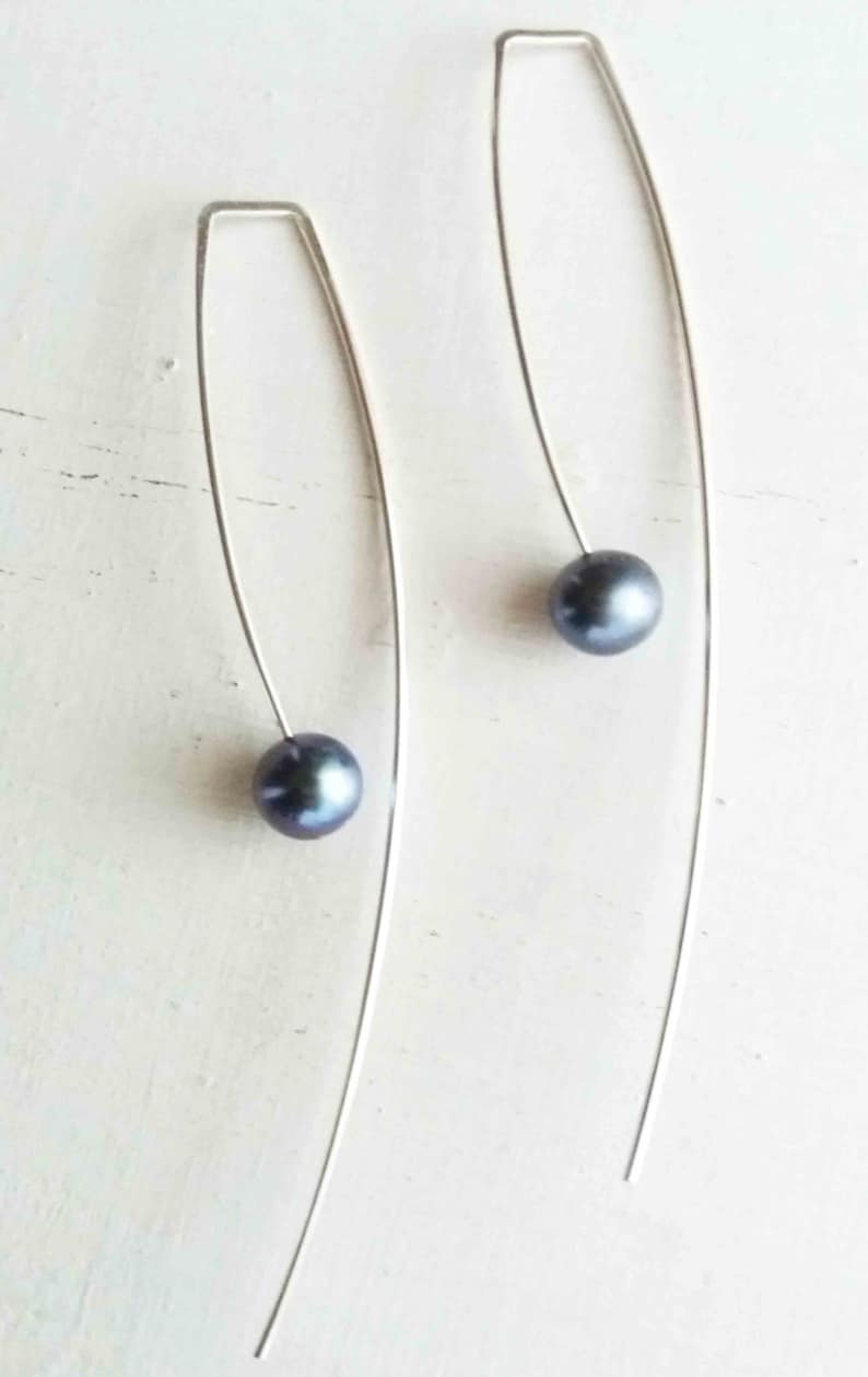 Sterling Silber Blaue Perlen Einfädler Ohrringe, Lange Ohrringe, Sterling Silber Schwebende Perlen Ohrringe, offene Reifen, Blaue Welle Schmuck Bild 2