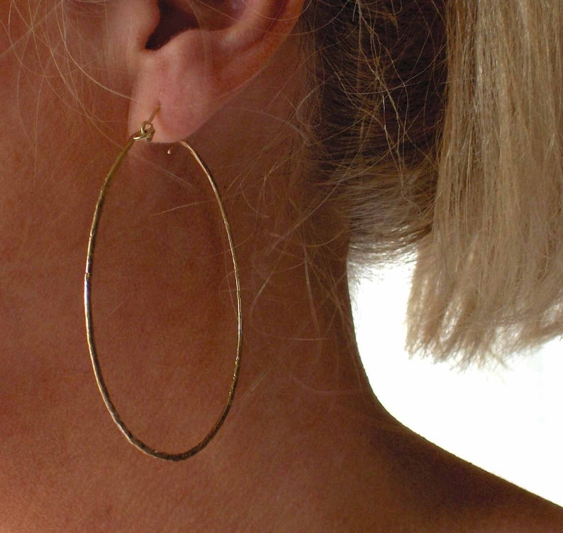 Big Round Gold Hammered Hoop Earrings, 14k Gold Statement Earrings, 2 1/2 Inch Textured Wire Hoop Earrings, Rose Gold Filled Sterling Silver image 2