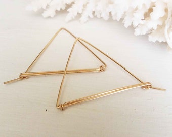 14k Gold Triangle Hoop Earrings, Triangle Earrings, Gold Hoop Earrings, Geometric Hoop Earrings, Everyday Earrings, Blue Wave Jewelry