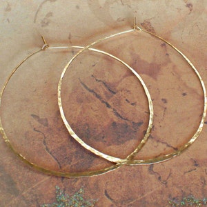 Hammered Gold Hoops, Delicate 14K Yellow Gold Earrings, Rose Gold Hoops, Sterling Silver Earrings, Large 2 1/4 inch Wire Hoop Earrings