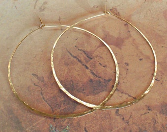 Hammered Gold Hoops, Delicate 14K Yellow Gold Earrings, Rose Gold Hoops, Sterling Silver Earrings, Large 2 1/4 inch Wire Hoop Earrings