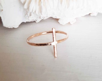 Small Gold Cross Ring, Tiny Gold Cross Ring, Hammered Cross Ring, Christian Jewelry, Christian Rings, Stacking Rings, Dainty Ring, Blue Wave