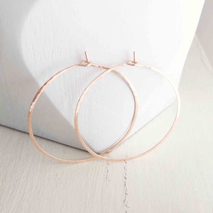 Rose Gold Hoop Earrings 14k, Solid Real Rose Gold Wire Hoops, 1 1/2" Hoop Wire Earrings, Hammered Hoops, Minimalist Earrings, Gift for Her