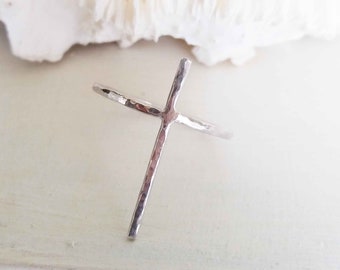 Thin Silver Cross Ring, Long Cross Ring, Hammered Cross Ring, Christian Jewelry, Christian Rings, Stacking Rings, Dainty Ring, Blue Wave