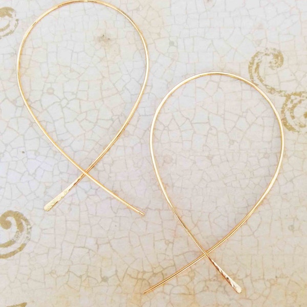 Lightweight Loop Cross Over Threader Hoop Earrings, Delicate Gold Hoops, Gold Threader Earrings, Fish Hoop Earrings, Christian Jewelry