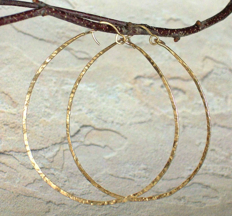 Big Round Gold Hammered Hoop Earrings, 14k Gold Statement Earrings, 2 1/2 Inch Textured Wire Hoop Earrings, Rose Gold Filled Sterling Silver image 1