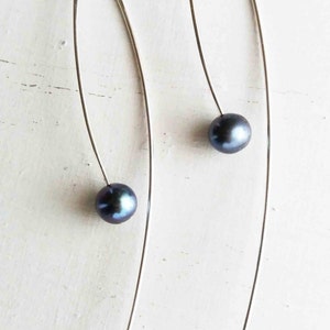 Sterling Silver Blue Pearl Threader Earrings, Long Dangle Threaders, Sterling Silver Floating Pearl Earrings, Open Hoops, Blue Wave Jewelry