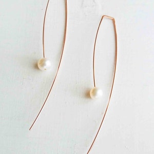 Rose Gold Floating Pearl Earrings, 6mm White Fresh Water Pearl, Arc Threader Earrings, Drop Earrings, Open Hoop Earring, Dangle Earring