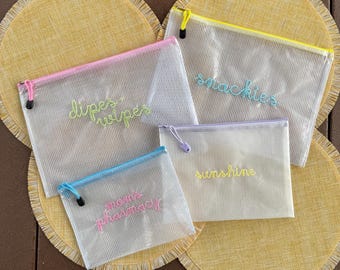 Custom Embroidered Mesh Zipper Pouch, Wipeable Waterproof Bag