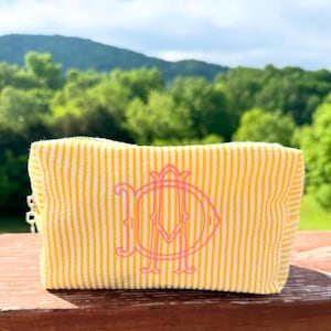 Monogrammed Cosmetic Bag, Embroidered Makeup Bag, Seersucker Toiletry Bag