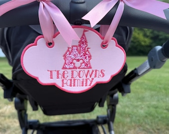 Princess Castle Embroidered Stroller Tag: Custom Pink Stroller Accessory