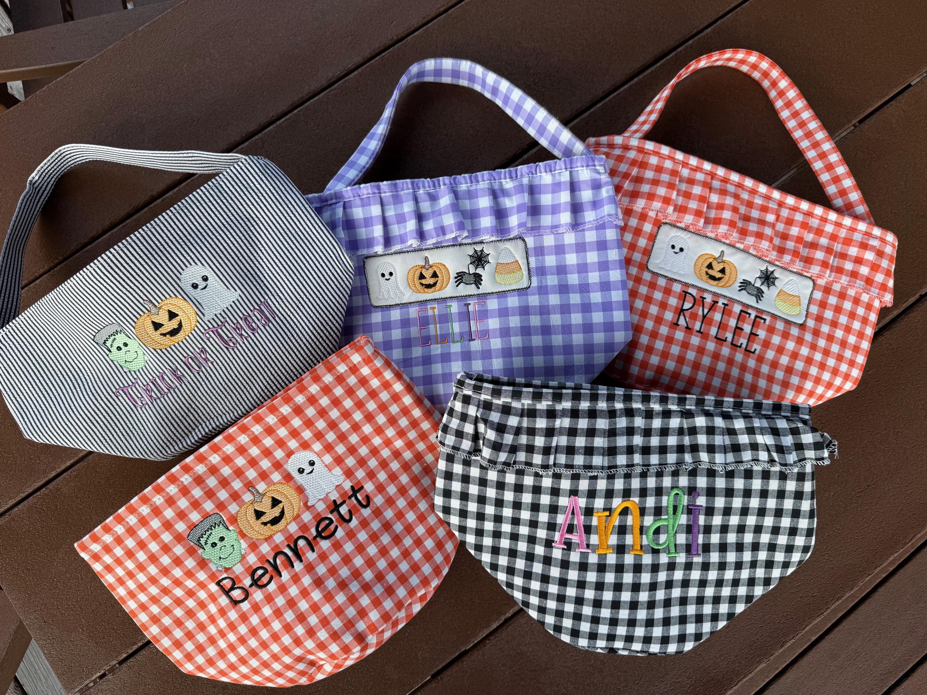 Personalized Halloween Trick-or-Treat Buckets Custom Embroidered Candy Bags Gingham & Seersucker Boo Bags